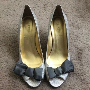 J. Crew Silved Foil With Gray Bow High Heel